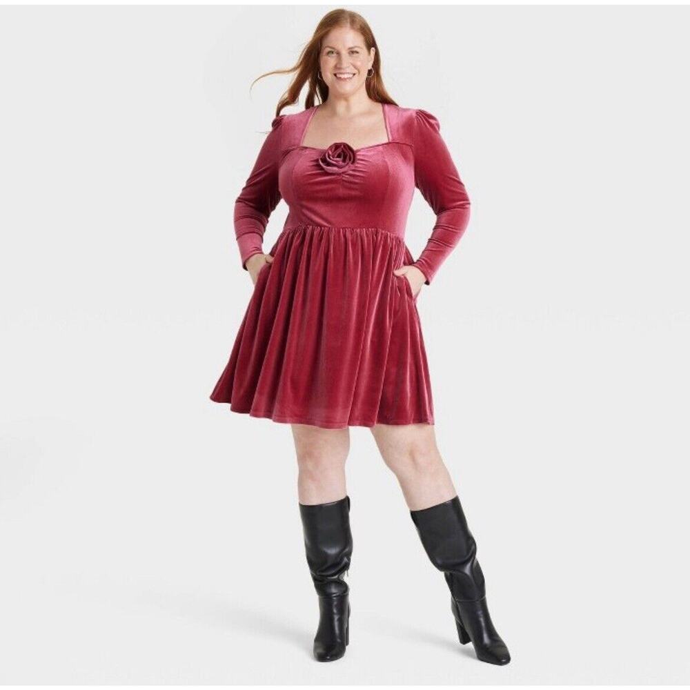 Ava & Viv Women's Long Sleeve Rosette Midi A-Line Dress -Cherry Red 3X NWT